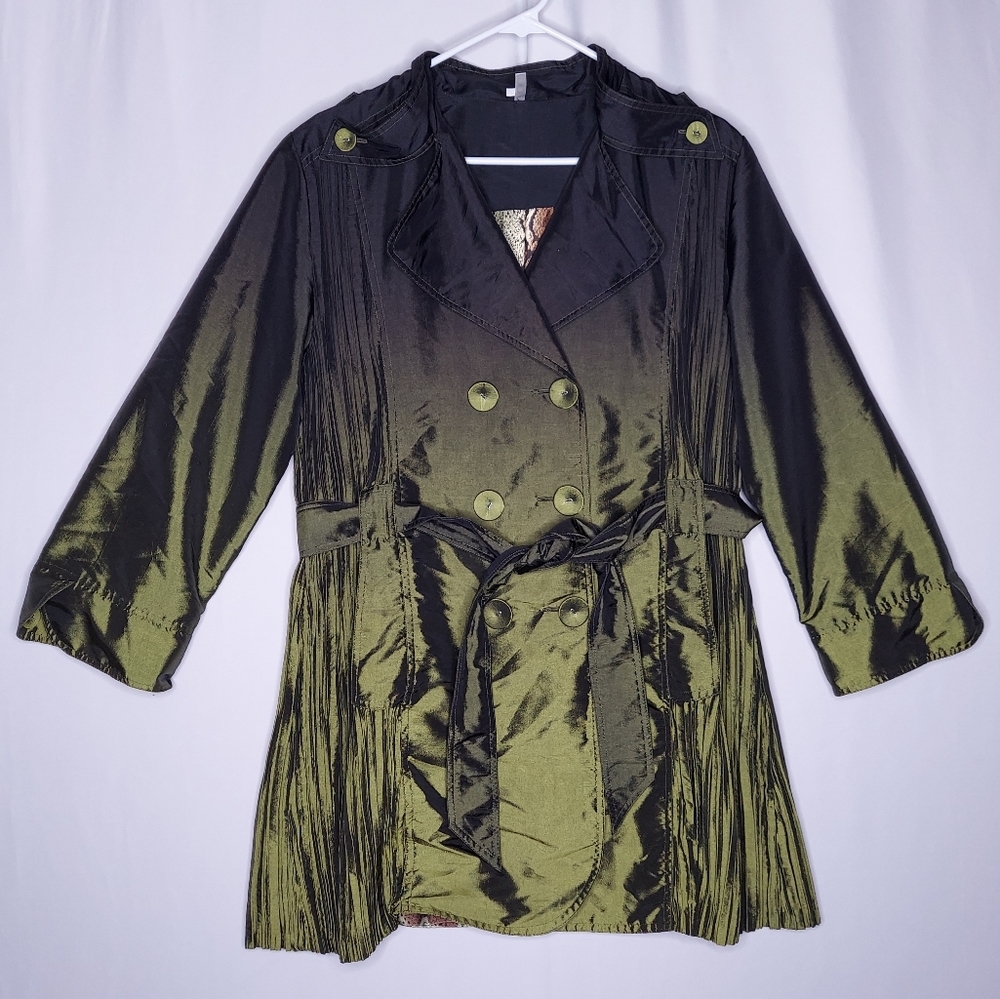 Y2K Lindi Metallic Jacket XL Green Black Pleated Belt Double Breasted 90s Witchy